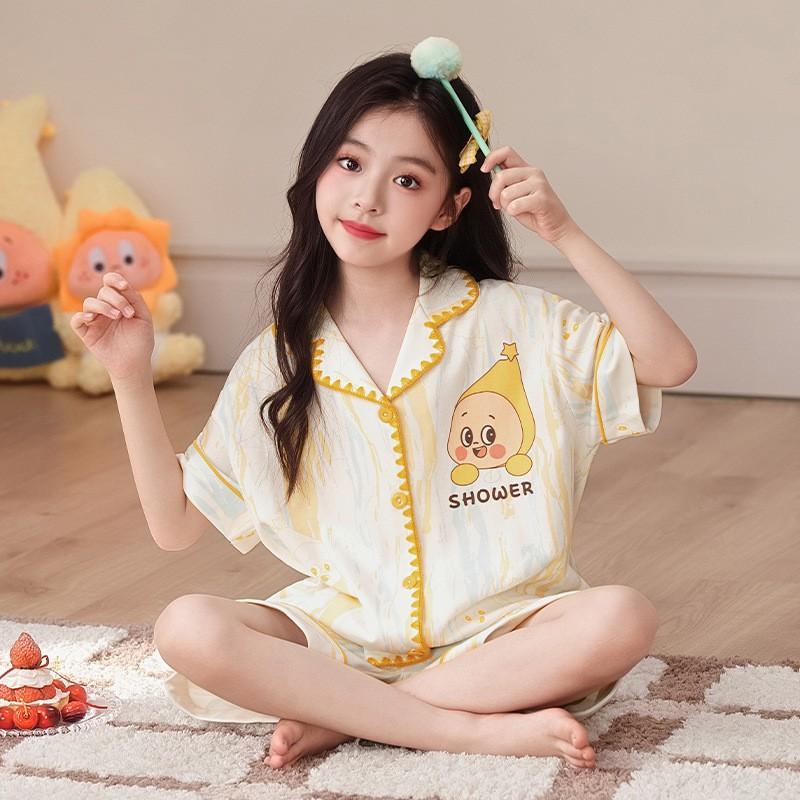 Cute Cartoon Cotton Pajama Set Girls 2026 Short Sleeve Sleepwear Kids 8 Years Lightweight Home Outfit