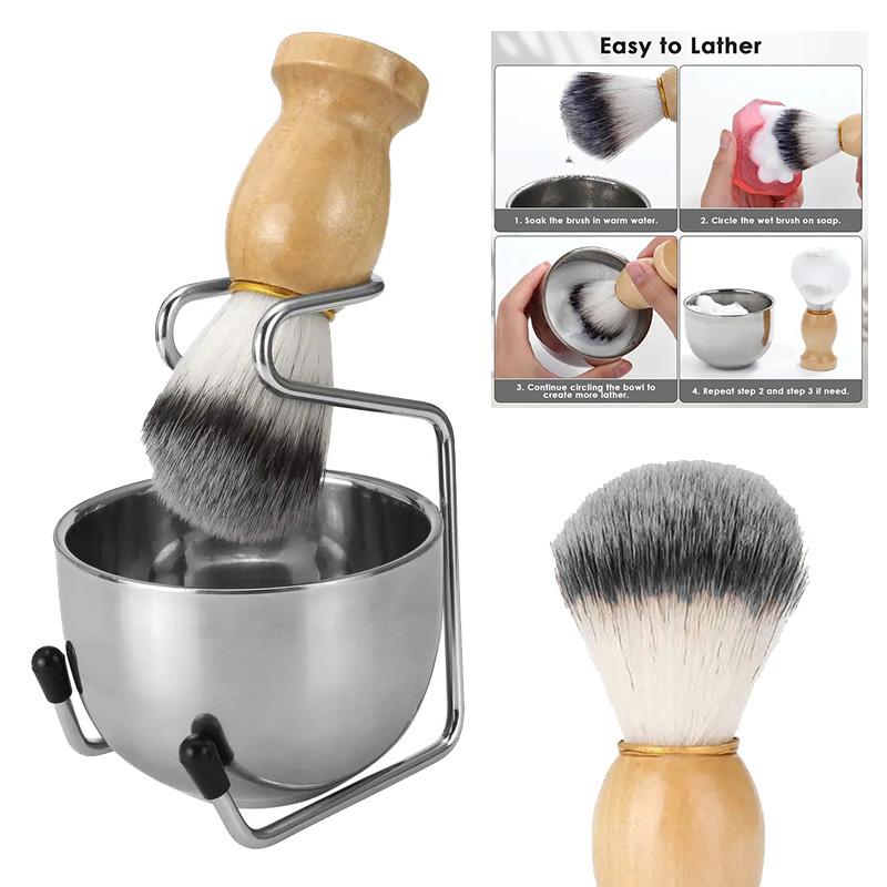 3pcs Men Shaving Brush Kit Wooden Handle Shaving Brush Stainless Steel Soap Bowl with Metal Stand Professional Face Beard Cleaning Grooming Tool Set