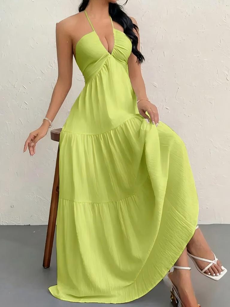 European and American Summer New Tube Top Sexy Backless Suspender Straps Seaside Vacation Casual Solid Color Neck Dress Women