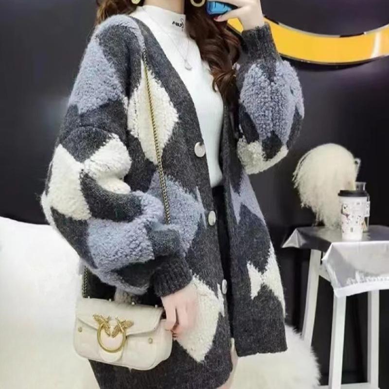 Sonbahar Kazak Ceket Kadın Uzun Kollu Bol Örme Hırka Kaban Baklava Desenli Günlük Büyük Beden Kazaklar Bayan Moda Kış Kadın Hırkaları Üstler 24947