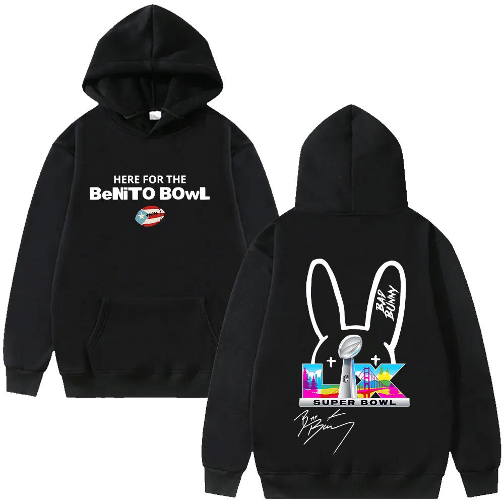 Buy Bad Bunny Super Bowl Hoodies Here For The Benito Bowl Signature Sweatshirts Long Sleeve Street Pullover Fleece Pullover Oversized Y2k Streetwear