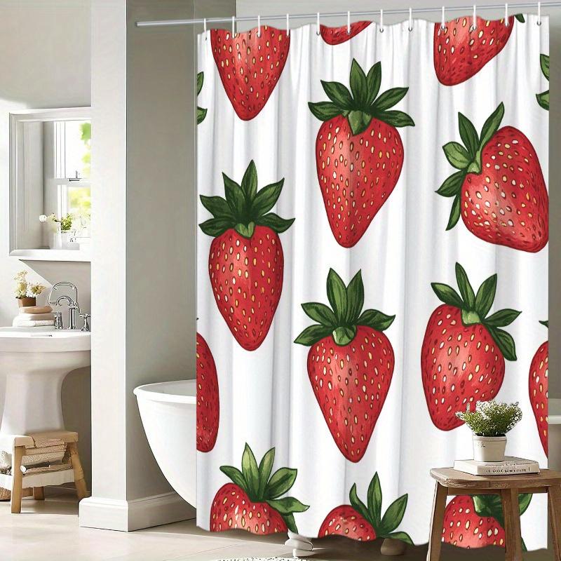 1 Bright Red Strawberry And Green Leaves Shower Curtain - Washable Polyester With Hooks, Playful Fruit Pattern For Bathroom