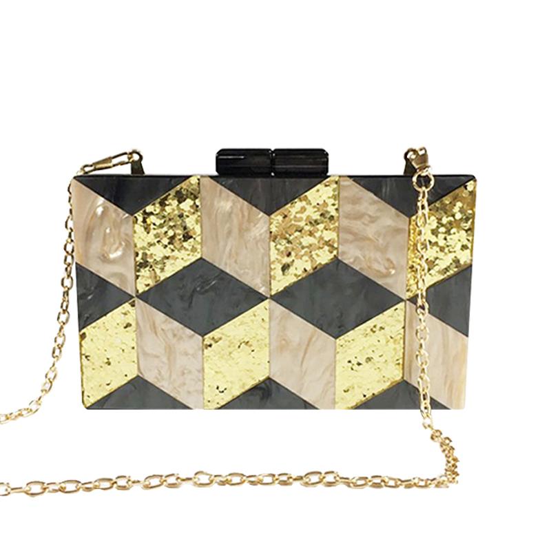

New Stylish Handbag Black Golden Glitter Rhombus Acrylic Evening Clutch Purse Luxury Party Dinner Chain Shoulder Bag Mini Wallet Mini(Max Length 20cm)