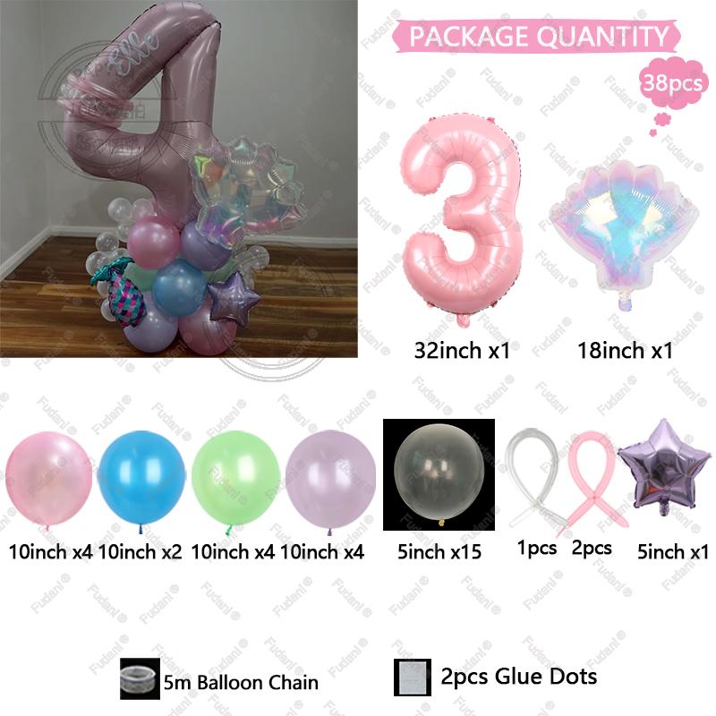 38PCS/SET Mermaid Shell Balloon Set With Aluminum Film Pink Digital 1-9 Birthday Party Family Decoration Shell Balloons