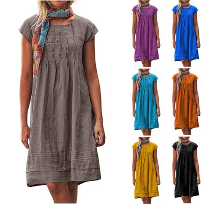 Damska Casual Loose O Neck Krótki rękaw Zmarszczki Eleganckie Lniane Swing Sukienki