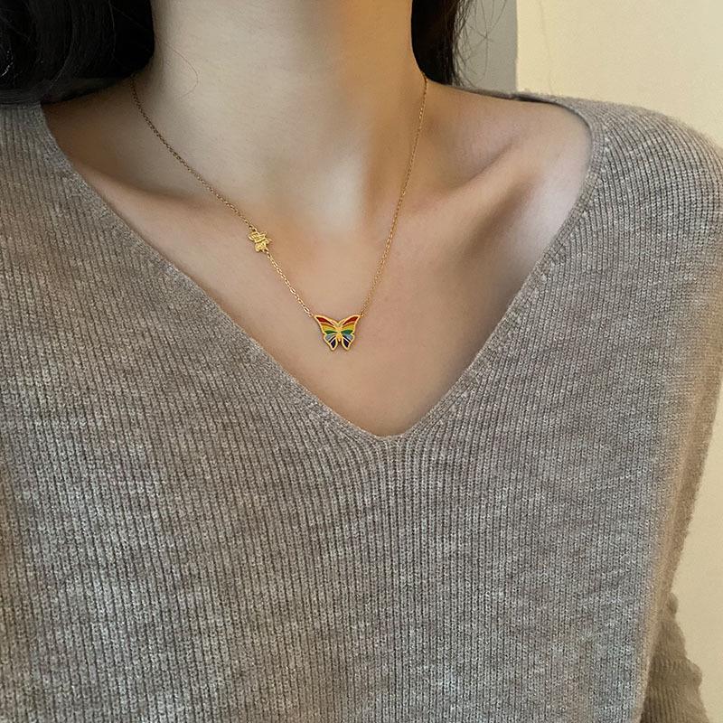 Colorful Butterfly Pendant Necklace, Women's Versatile Titanium Steel Accessory