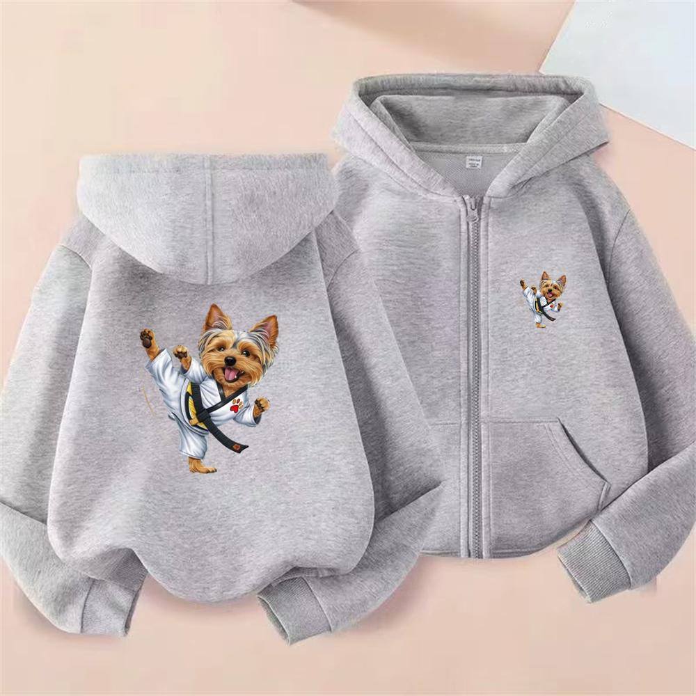 Yorkshire Terrier Martial Arts Print Zipper cardigan boy tops Children Coat Hoodies garment Girls Hoodie black autumn clothing