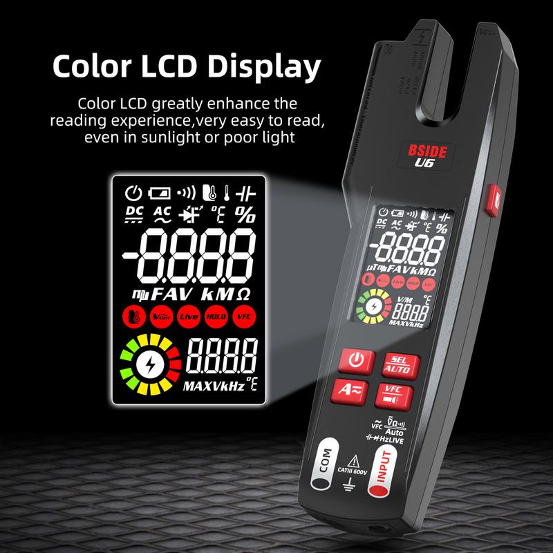 BSIDE DC AC Clamp Meter Electrical Amp Tester Open Jaw Ammeter, Infrared Thermometer with Smart Mode, 9999 Counts Multimeter VFC