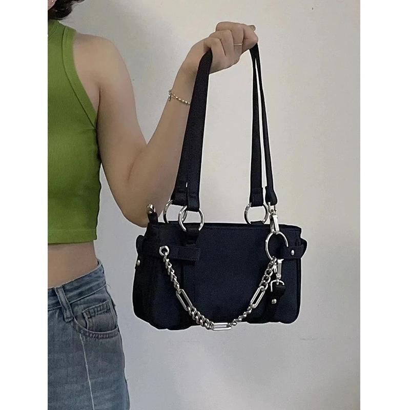 Fashi Design Gothic Chain Ladies Underarm Bag Sweet Cool Y2k Women Square Shoulder Bags Black Pop Female Tote Handbag Purse