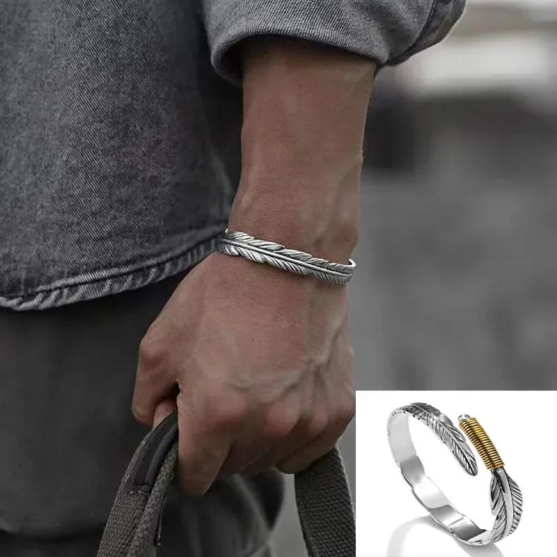 Fashionable Wings Feather Adjustable Cuff Bracelet for Men Trendy Open Design Lucky Jewelry Gift
