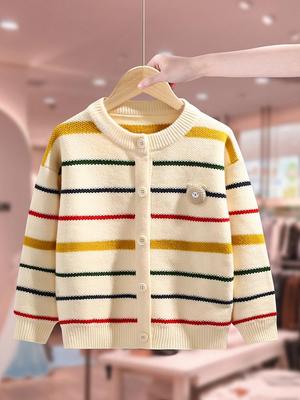 2025 Girls' Striped Wool Cardigan - Spring/Autumn Knitwear for Kids