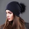 Damen Echter Waschbärfell Bommelmützen Beanies Herbst Winter Warm Einfarbig Mützen Für Frauen Mode Baumwolle Skullies Dünne Mütze