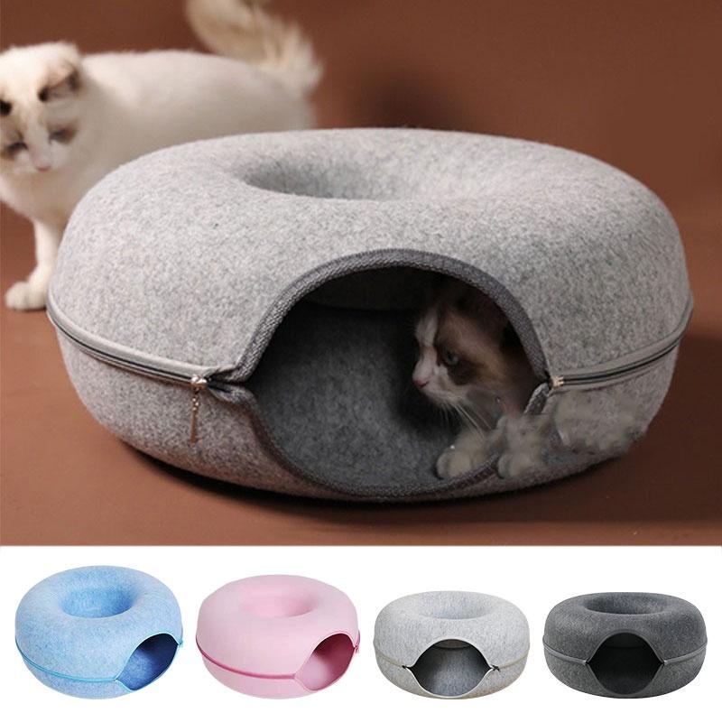 Bed Tunnel Cat Felt Pet Puppy Nest Cave House Round Donut Interactive Toy Play