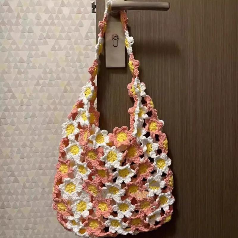Handmade Crochet Floral Print Shoulder Bag - Summer Gift for Her
