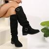 Western Style Pleated Flat Bottom Booties Women's Autumn Winter Thick Heel Long Boots Leather Belt Buckle Cotton Lined Ankle
