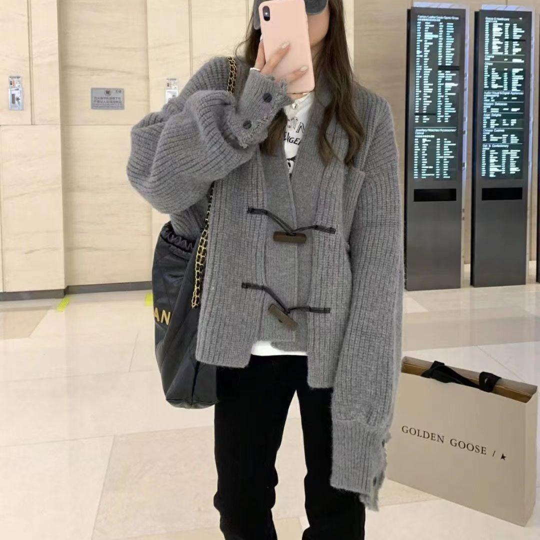 

Loose Knitted Cardigan Japanese Lazy Style Vintage Gray Sweater Coat for Women S сірий колір