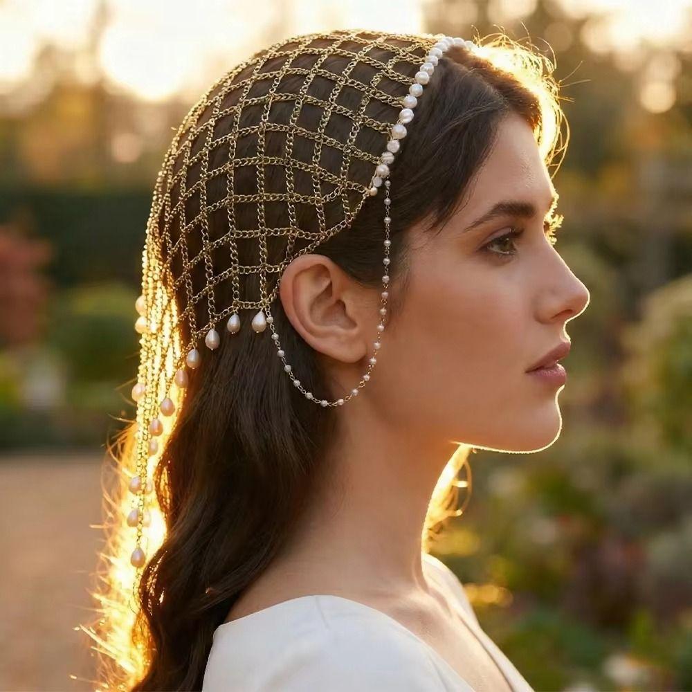 Layered Pearl Hair Chain Draped Chain Mesh Headpiece Boho Beaded Tassel Hair Net  Women