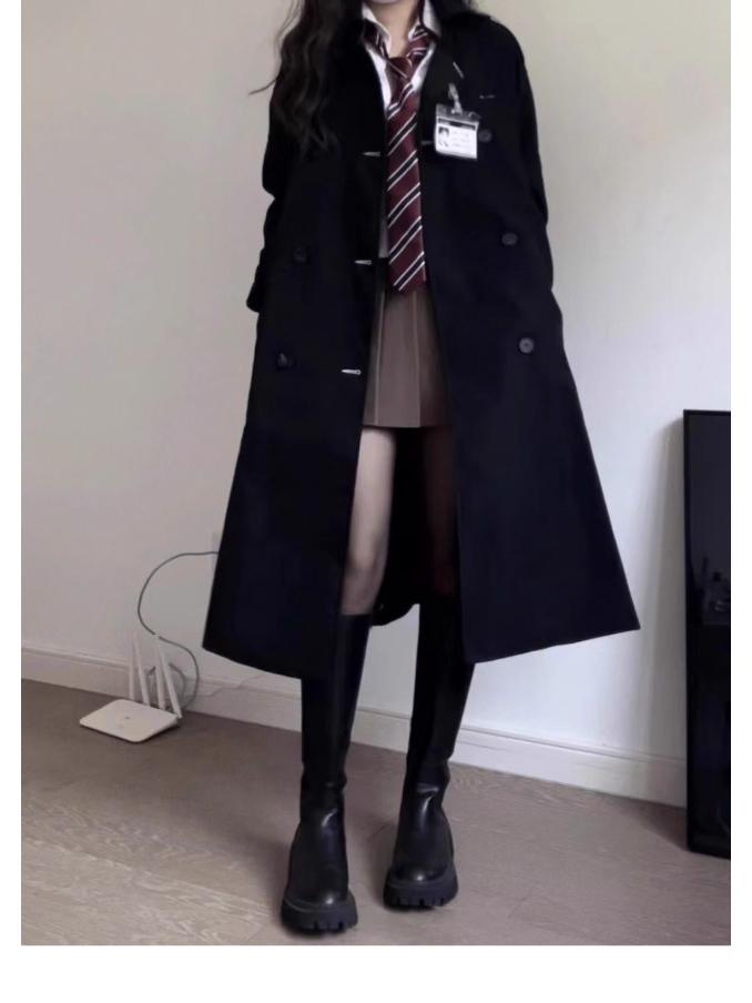 Women's Black Mid-Length Trench Coat - 2023 Spring/Autumn, School Uniform JK Korean Style, Petite Fit.