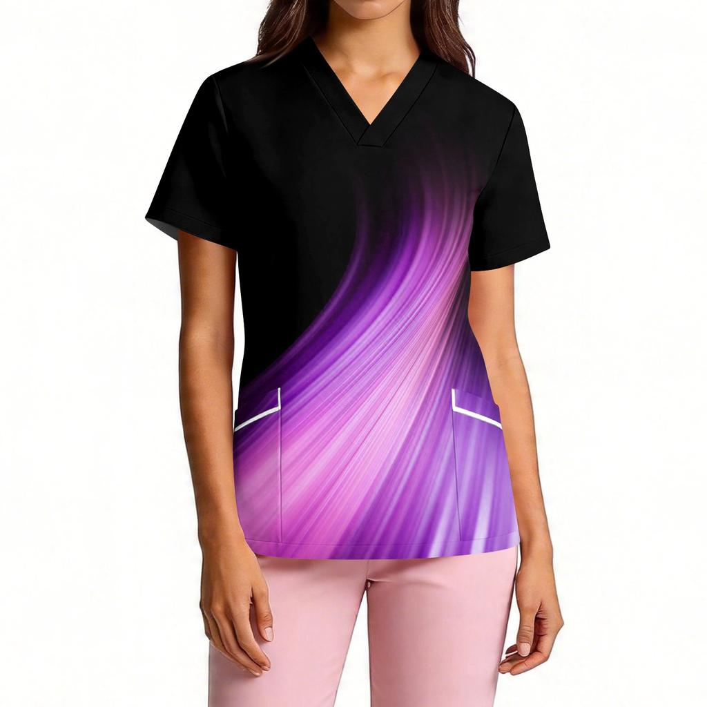 Women V Neck Short Sleeve Scrub Top with Pockets Printed Shirt for Healthcare Professionals Uniform