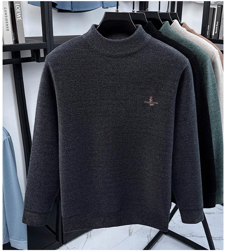 Men's Fleece-Lined Half-High Neck Knitted Sweater - Warm Embroidered Autumn/Winter Base Layer