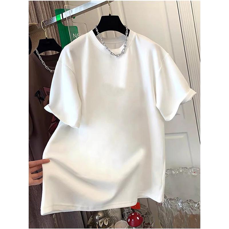 2026 Spring/Autumn Women's Loose Fit Thickened Pure Cotton Round Neck Short Sleeve Mid-Length T-Shirt