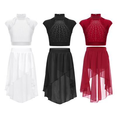 Conjunto de Rendimiento de Baile para Niñas Top Corto sin Mangas con Aberturas Falda Larga y Corta de Gasa Decorada con Pedrería