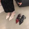 Thick heel shallow mouth bag head sandals empty women's shoes spring and summer 2025 new patent leather pointed middle heel with skirt single shoes