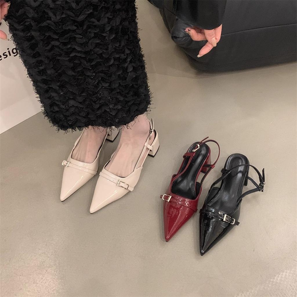 Thick heel shallow mouth bag head sandals empty women's shoes spring and summer 2025 new patent leather pointed middle heel with skirt single shoes