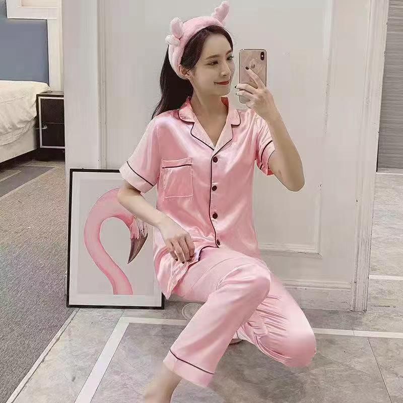 Women's Imitation Silk Short Sleeve Pajamas: Sexy, Lightweight, Plus Size Two-Piece Set with Long Pants.