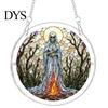 Halloween Party Hanging Props Acrylic Puzzle Window Suncatcher, Stained Glass Style Ornament Vintage Illustration with Metal Chain, Decorative