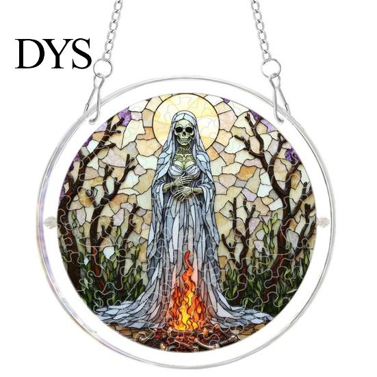 Halloween Party Hanging Props Acrylic Puzzle Window Suncatcher, Stained Glass Style Ornament Vintage Illustration with Metal Chain, Decorative