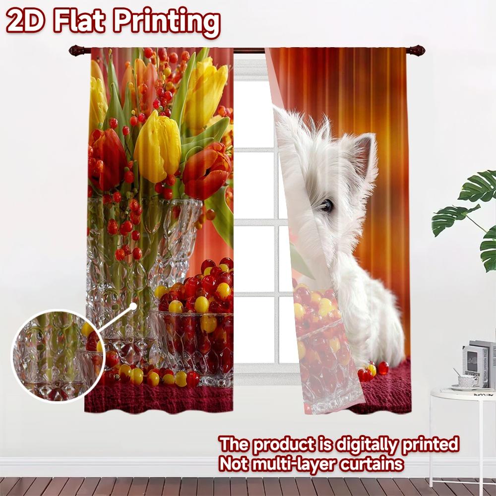 2D flat printing 2pcs Party Curtains Cute Westie Dog Tulips Digital Printed Polyester Drapes All Season Party & Holiday Decor