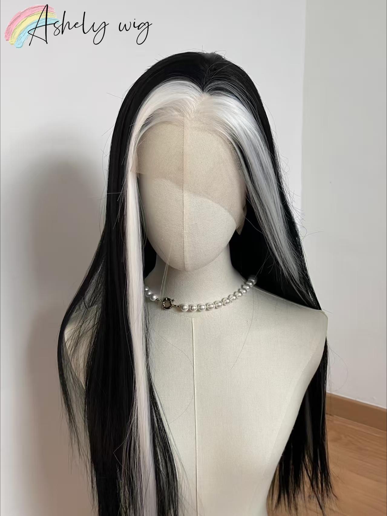 

White Black Lace Front Wig for Women 26inch 13*4 Synthetic Lace Wigs High Temperature Fibers Straight Lace Front Wig Cosplay
