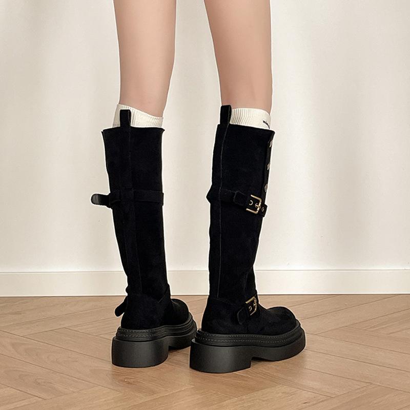 Retro buckle two wear folded thick-soled boots children's autumn and winter design sense fashion suede thick heel knight boots