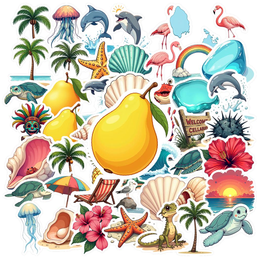 35-70pcs Tropical Beach Stickers Summer Cartoon Sticker For School Teacher Student Stationery Stickers