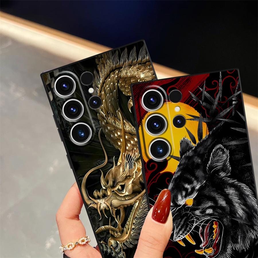 Tiger Dragon Black Soft Phone Cover Case for Samsung Galaxy S21 S22 S24 Plus S23 FE S25+ S23+ S24+ S20 Note 20 10 S25 Ultra