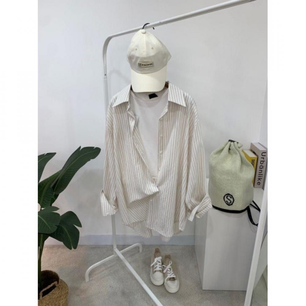 C S In The Room Stripe Round Hem Long Sleeve Shirt 2Color