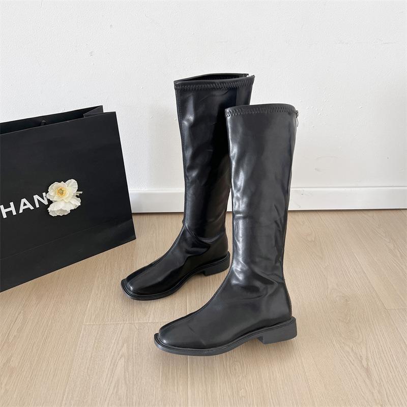 Beige Retro British Style Thick Heel Flat-bottomed Boots Women's 2025 New Spring and Autumn Square Head Thin Knight Boots