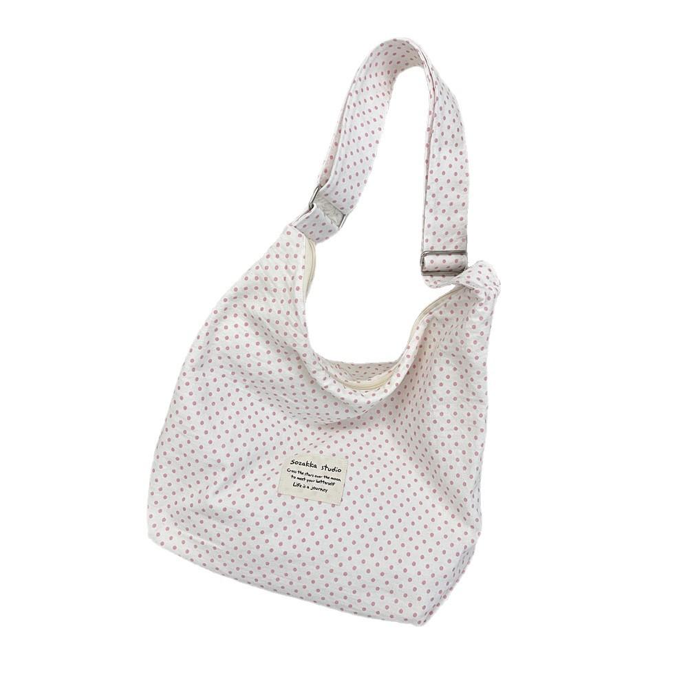 91 Sweet pink star printed polka dot shoulder canvas bag large capacity tote bag commuter fabric messenger bag