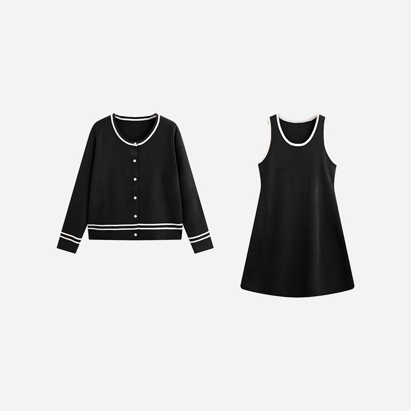 

Женский вязаный комплект в французском стиле большого размера - Зима 2025 Кардиган и платье, комплект из двух предметов XXXL (90-110 kg) чёрный