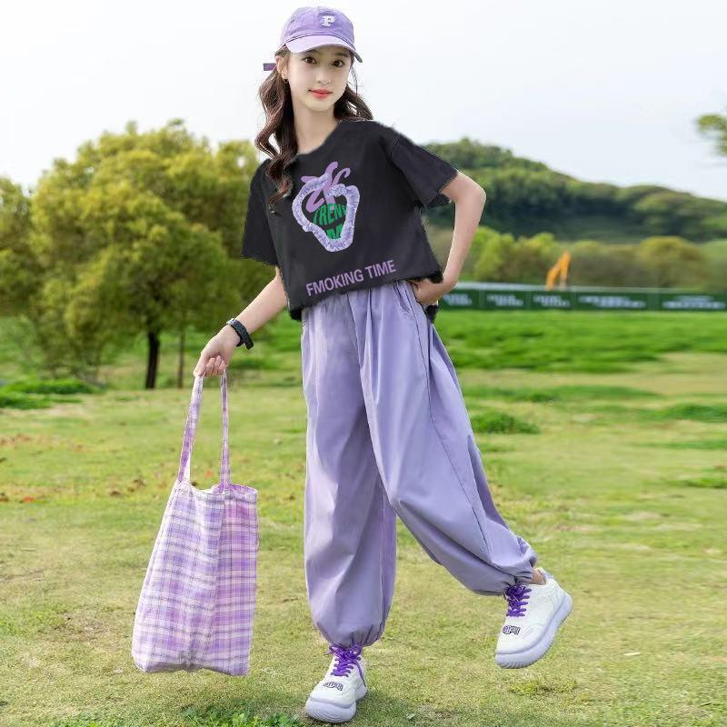 Spring Teen Girls Sport Suit Fruit Short T-shirt + Ankle-tied Pants Children Set Tracksuit Kids 5 8 12 9 14 Years Clothing