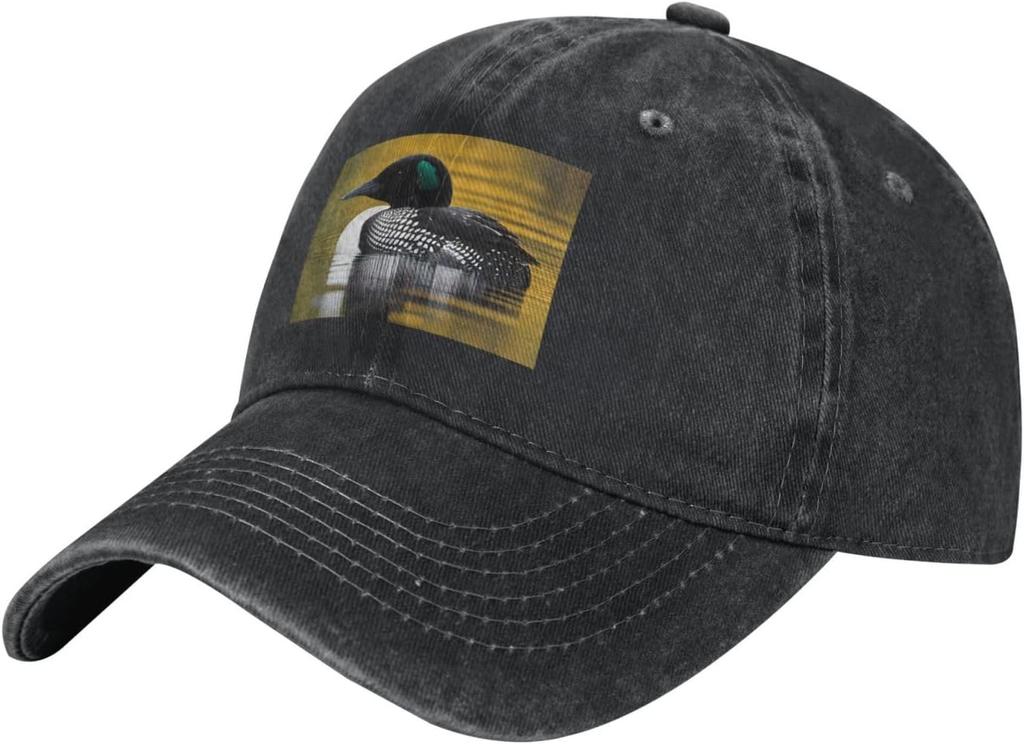Loon Bird Print Washed Denim Baseball Cap Adjustable Cotton Sun Protection Casual Hat for Men Women