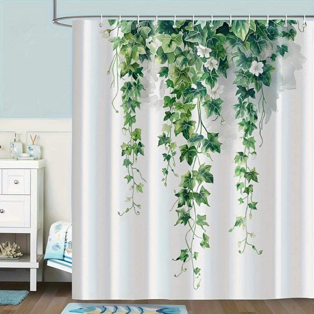 1 Elegant Ivy and White Floral Polyester Shower Curtain-Washable with Green Vine and Leaves Pattern, Machine Washable with Hooks