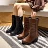 Fashion Elegant Heeled Leather Women's Half High Boots Round Toe Warm Ladies Mid Calf Shoes Autumn Winter Chic Trend 2025 New Footwear