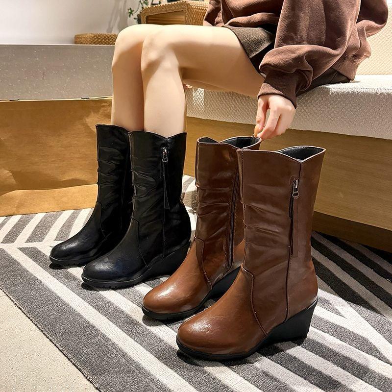 Fashion Elegant Heeled Leather Women's Half High Boots Round Toe Warm Ladies Mid Calf Shoes Autumn Winter Chic Trend 2025 New Footwear