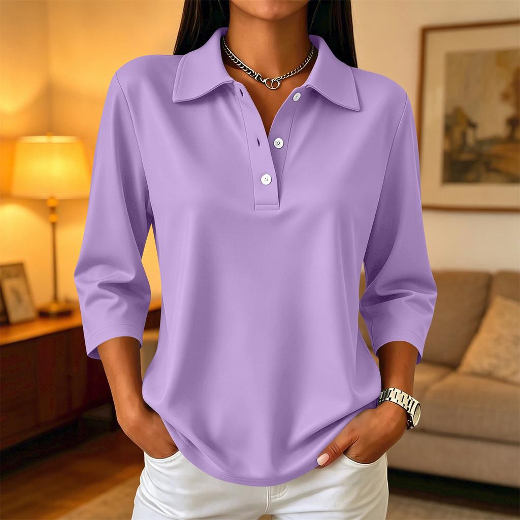 Women's Casual Button-down Blouse with 3/4 Sleeves and Notched Collar, Color