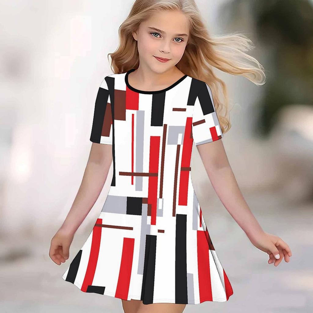 Girls 3D Print Dresses Kids Girl Party Short Sleeve Princess Dress Tank 3D Flowers Print Dress