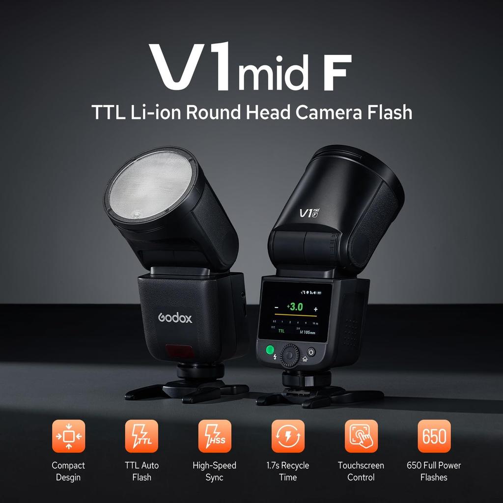 Godox V1 Mid F Flash for Speedlight with TTL 55Ws Approximately 650 Flashes At Full Recycle Wireless Sec Sync Fujifilm Support, Touchscreen, Output,