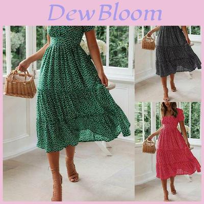 Elegant Women Polka Dot Boho Ruffle Maxi Beach Dress With Square Neckline