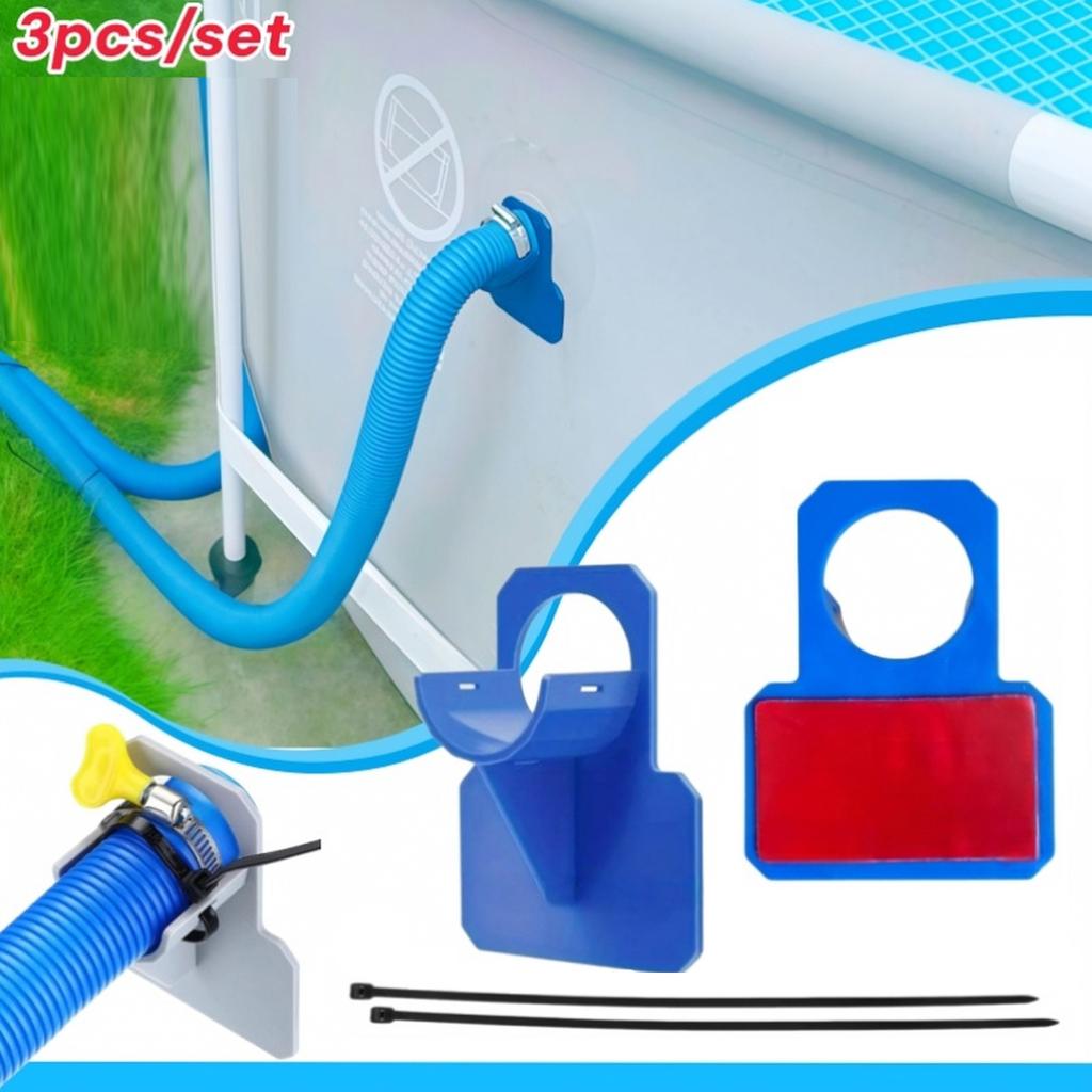 Blue 3-Piece Swimming Pool Hose Support Bracket Set, Pipe Holder for Above Ground